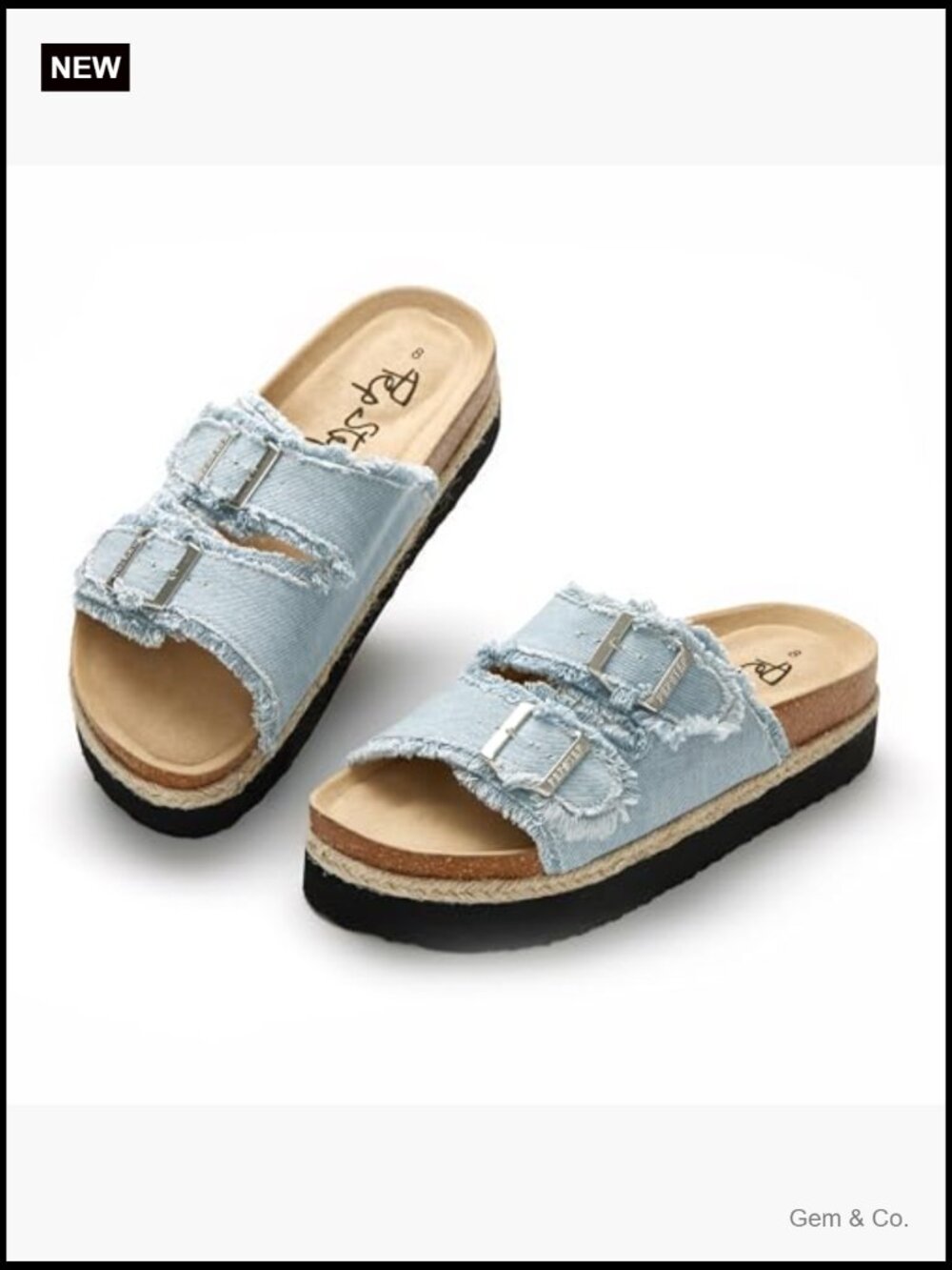 Slide Sandals with Cork Footbed, Adjustable Buckle Strap, 1.75" Platform - Picture 5 of 7